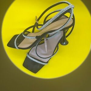 Elegant Black Strappy Heels with Rhinestone Accents